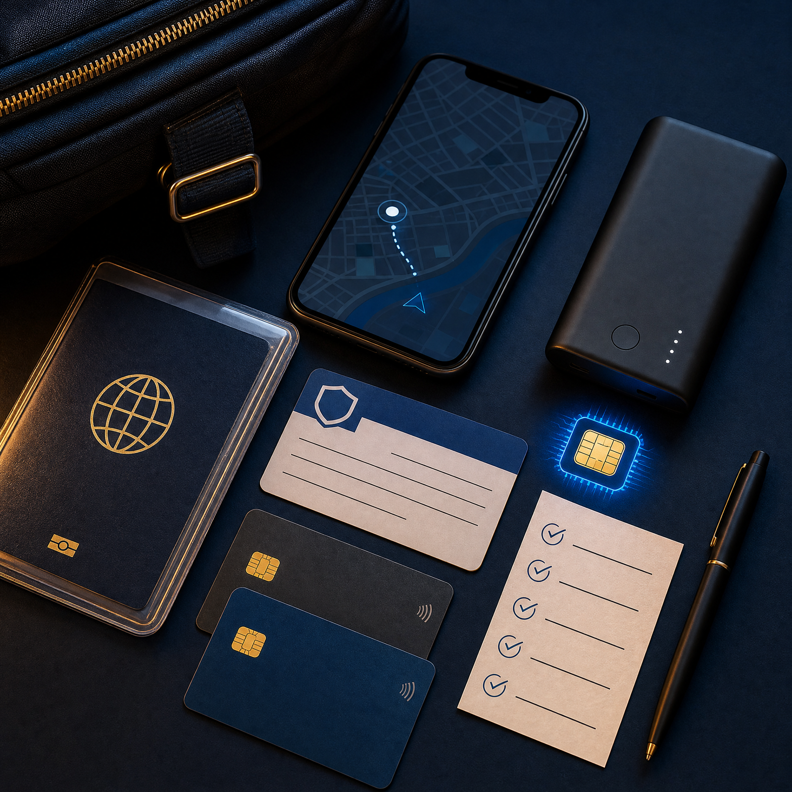 Kit de emergência com passaporte, cartões, celular e checklist de viagem